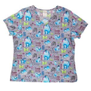 Disney Eeyore Scrub Top Women Size Large Front Pockets V Neck Gray Blue Lucky